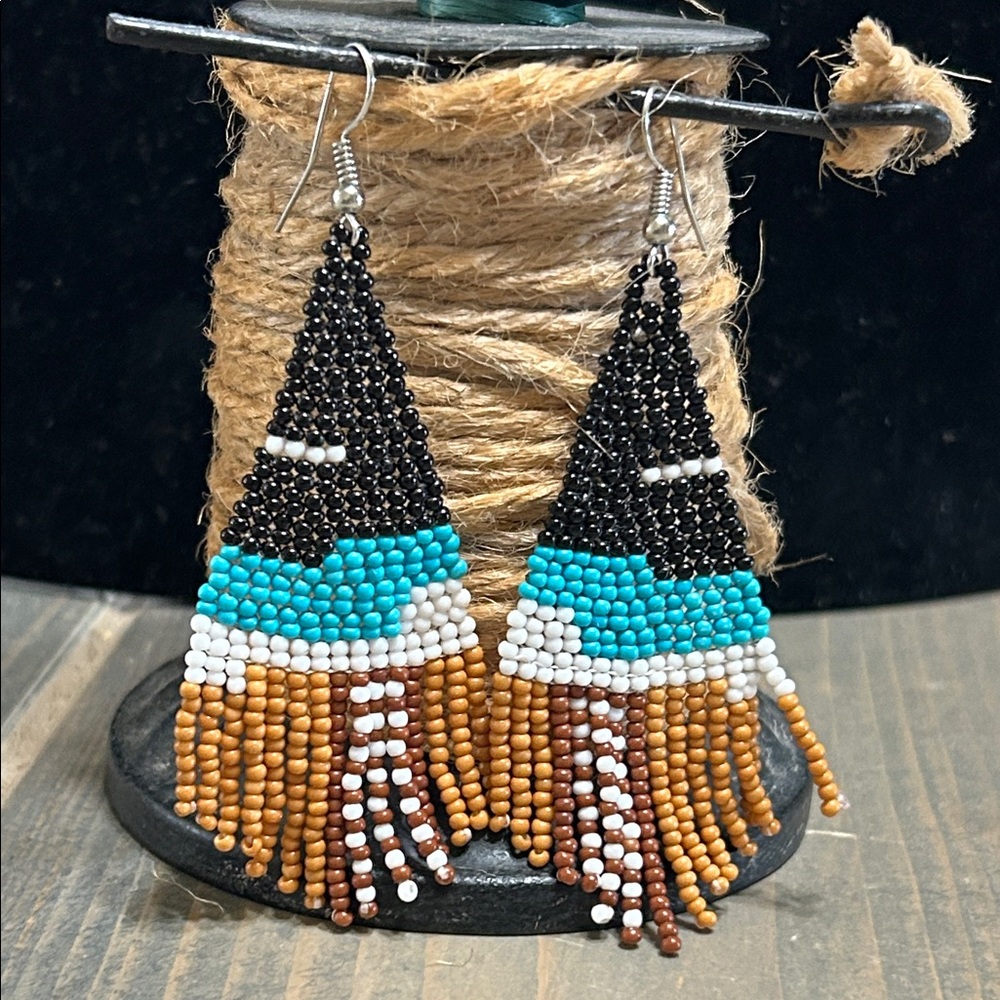 Artisan Beaded Fringe Earrings - Black, Blue, Brown